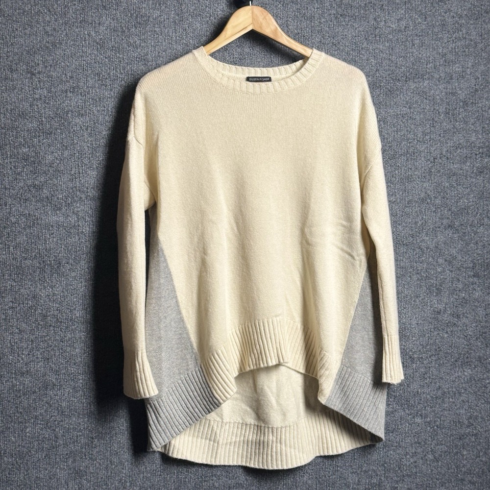 Eileen Fisher XXS XS Cream Gray Colorblock High Low Sweater Tunic Quiet Luxury - Picture 2 of 13